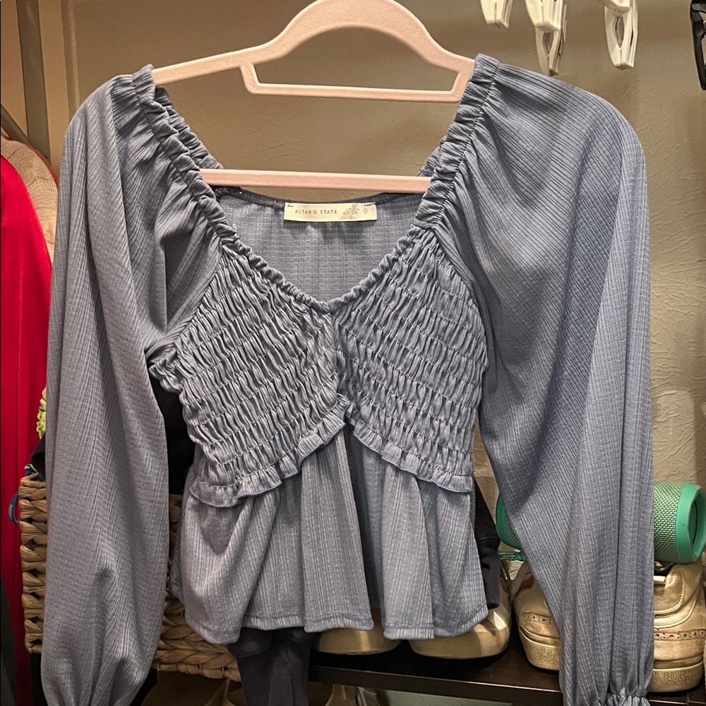 Altar'd State Ruched Blue Blouse